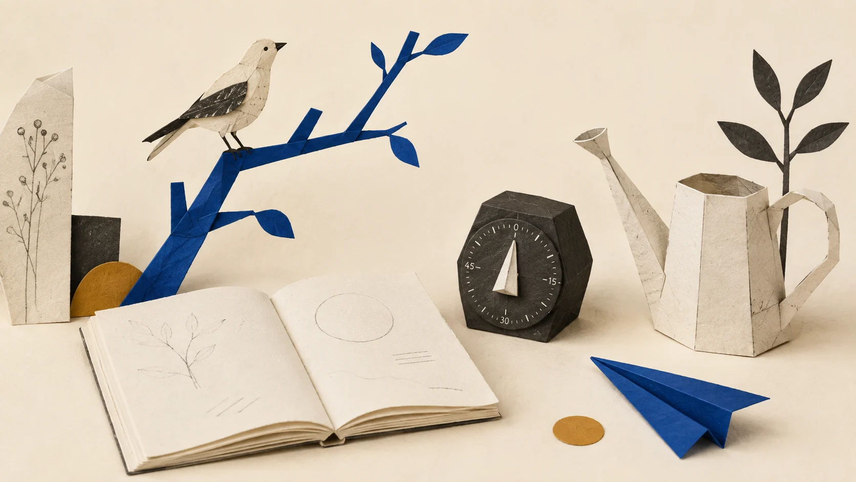 A paper bird, timer, watering can and airplane arranged around a research notebook.