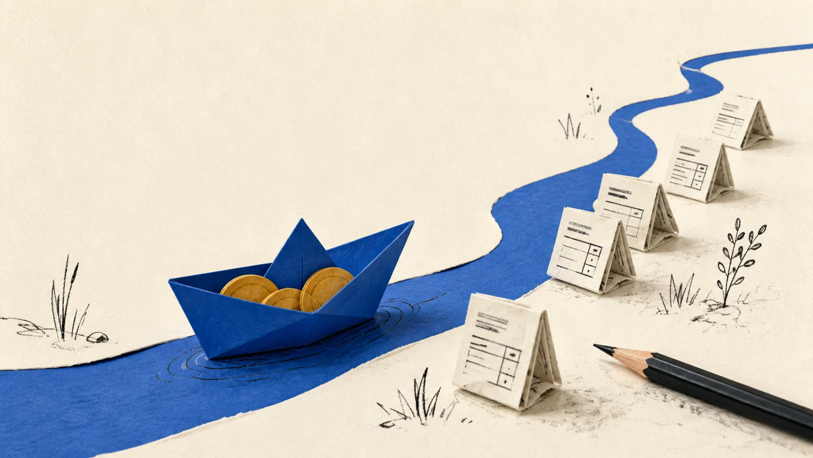 A paper boat carrying coins passes folded invoices on a cobalt river.