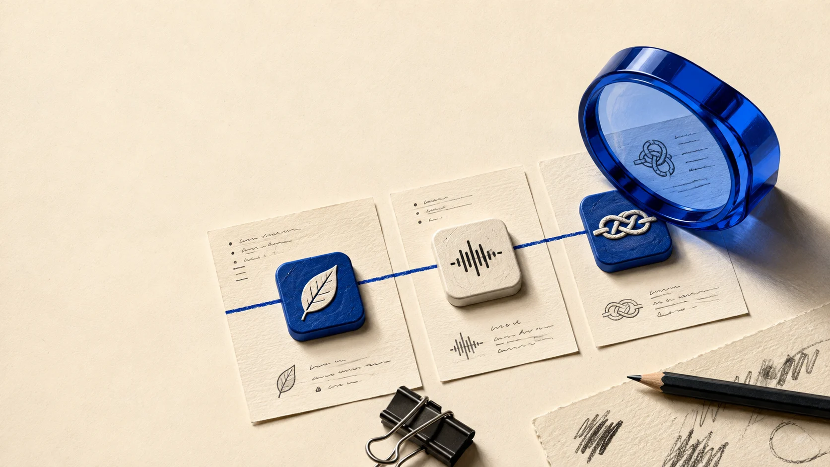 Research cards examined through a cobalt loupe.